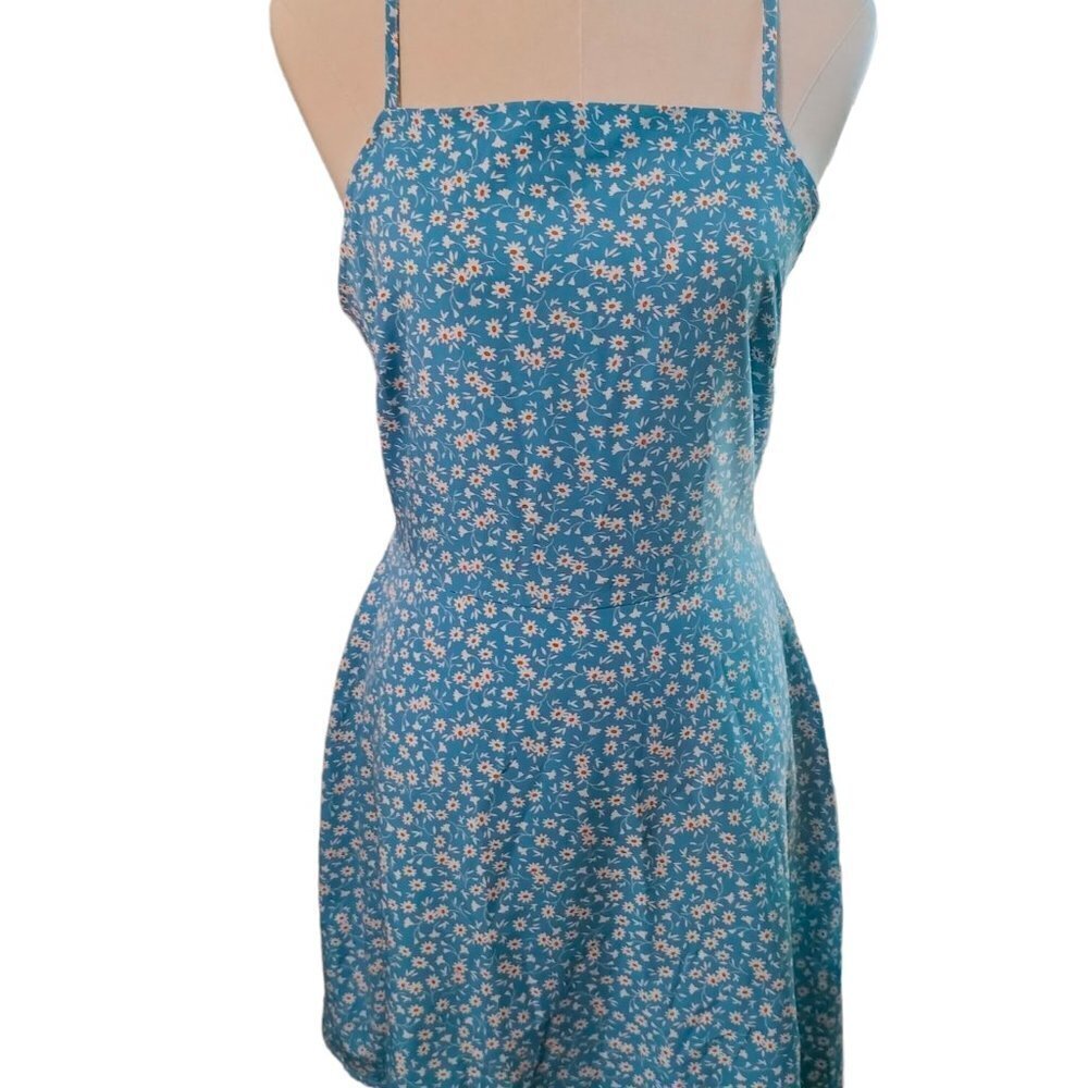 (804)Romwe Blue Ditsy Floral Print Tie Backless Mini Dress Size L - Picture 2 of 7